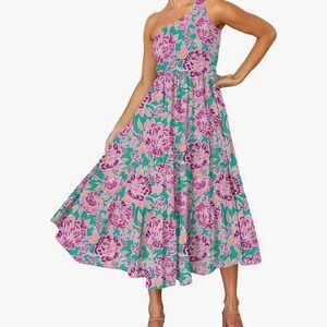 Women's Bohemian One Shoulder Sleeveless Smocked Ruffle Tiered Maxi Sun Dress